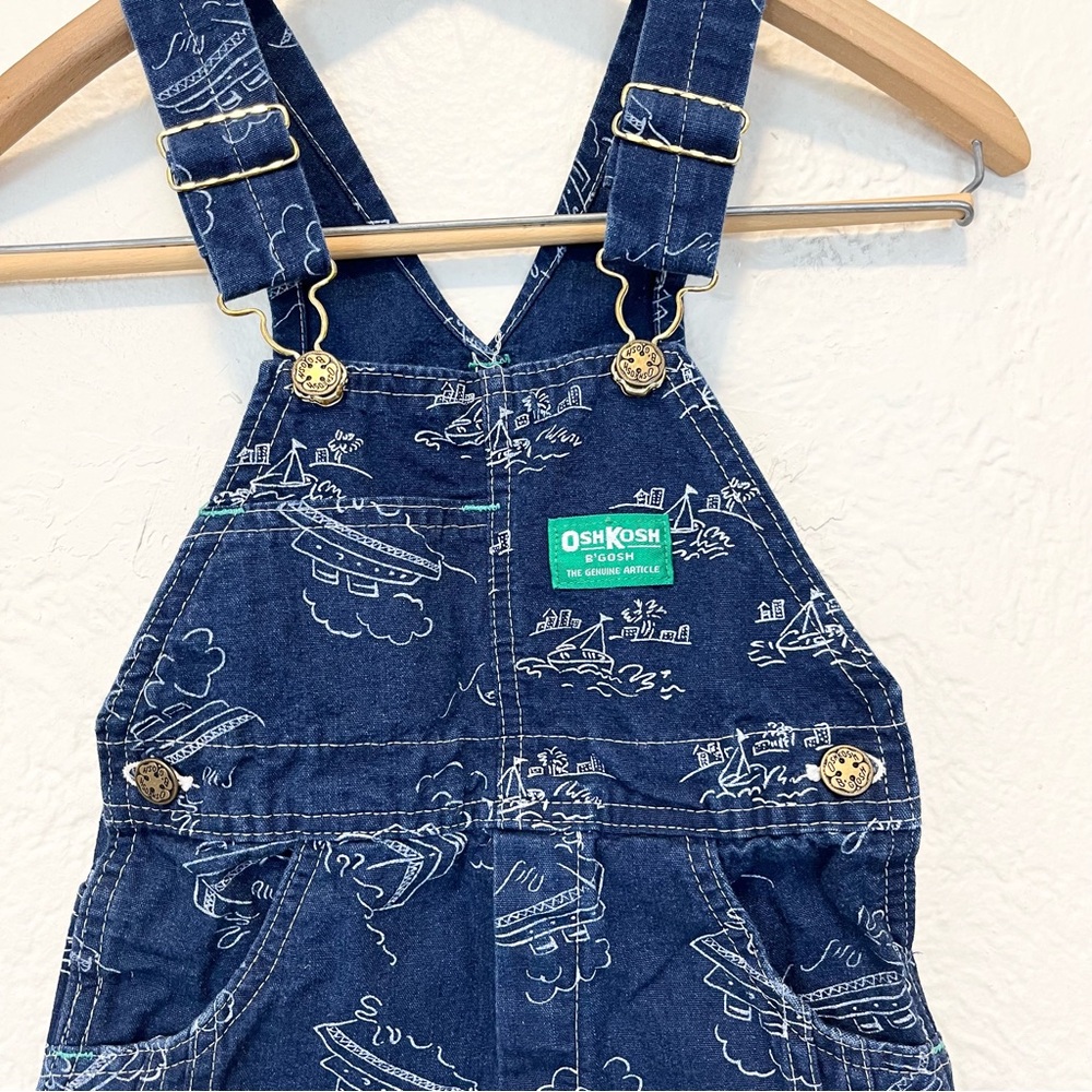 Vintage OshKosh B'gosh Overalls Denim Blue Boats 6 Toddler - Picture 2 of 11
